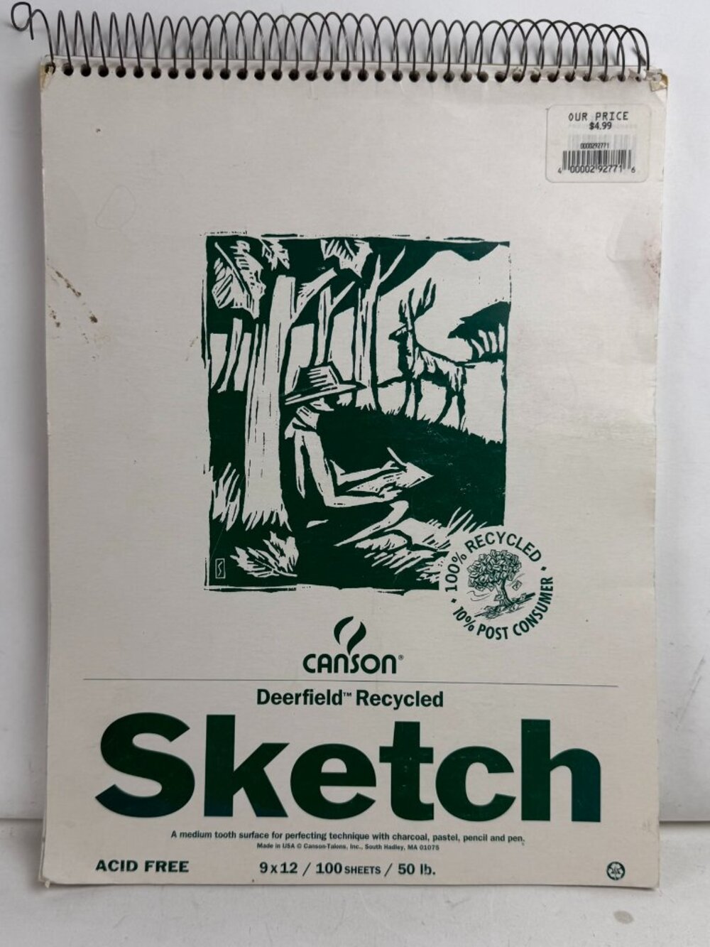 Canson Deerfield Recycled Sketch Pad 9x12 Spiral 50lb Few Pages Missing